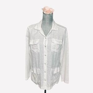 Dana Buchman Linen 4- pocket Camp Shirt Size 8, White Button-Up Shirt